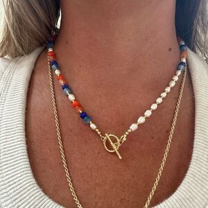 Blue Orange Gold White with Freshwater Pearl Glass Beaded Handmade Necklace